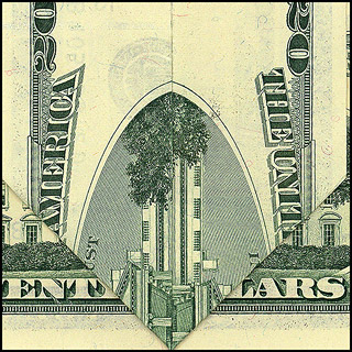 Twin Towers in US$20 bill/ 2003/ work in progress - Satoshi Kinoshita