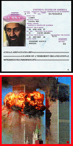 Passport photograph and burning WTC/ 2001/  work in progress - Satoshi Kinoshita